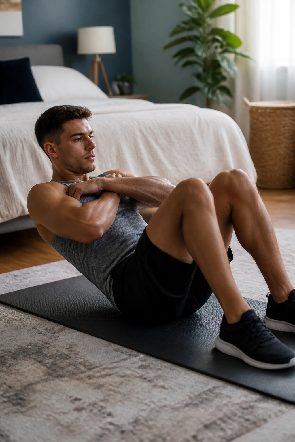 Person performing a controlled sit-up with chest to knees on a mat