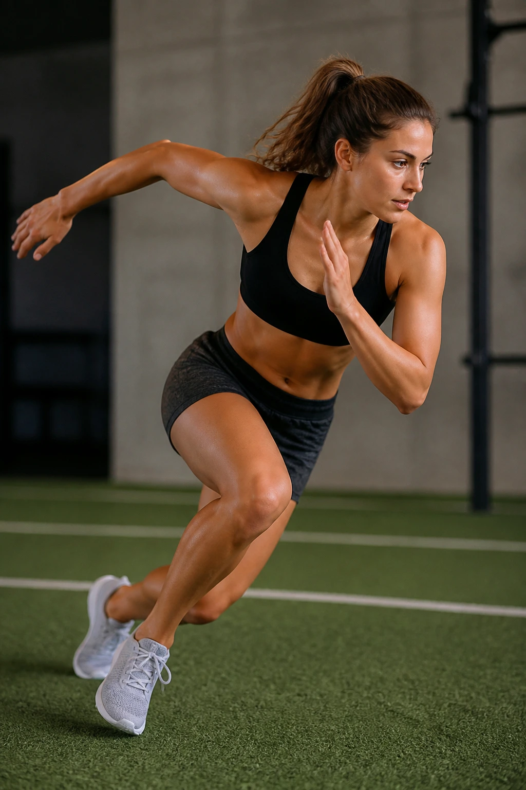 Athlete executing skater hops in a training space