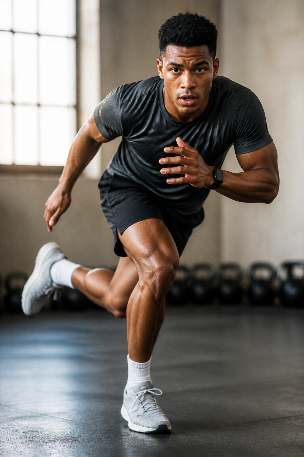 Close-up of an athlete performing skater hops in a gym for lateral power training