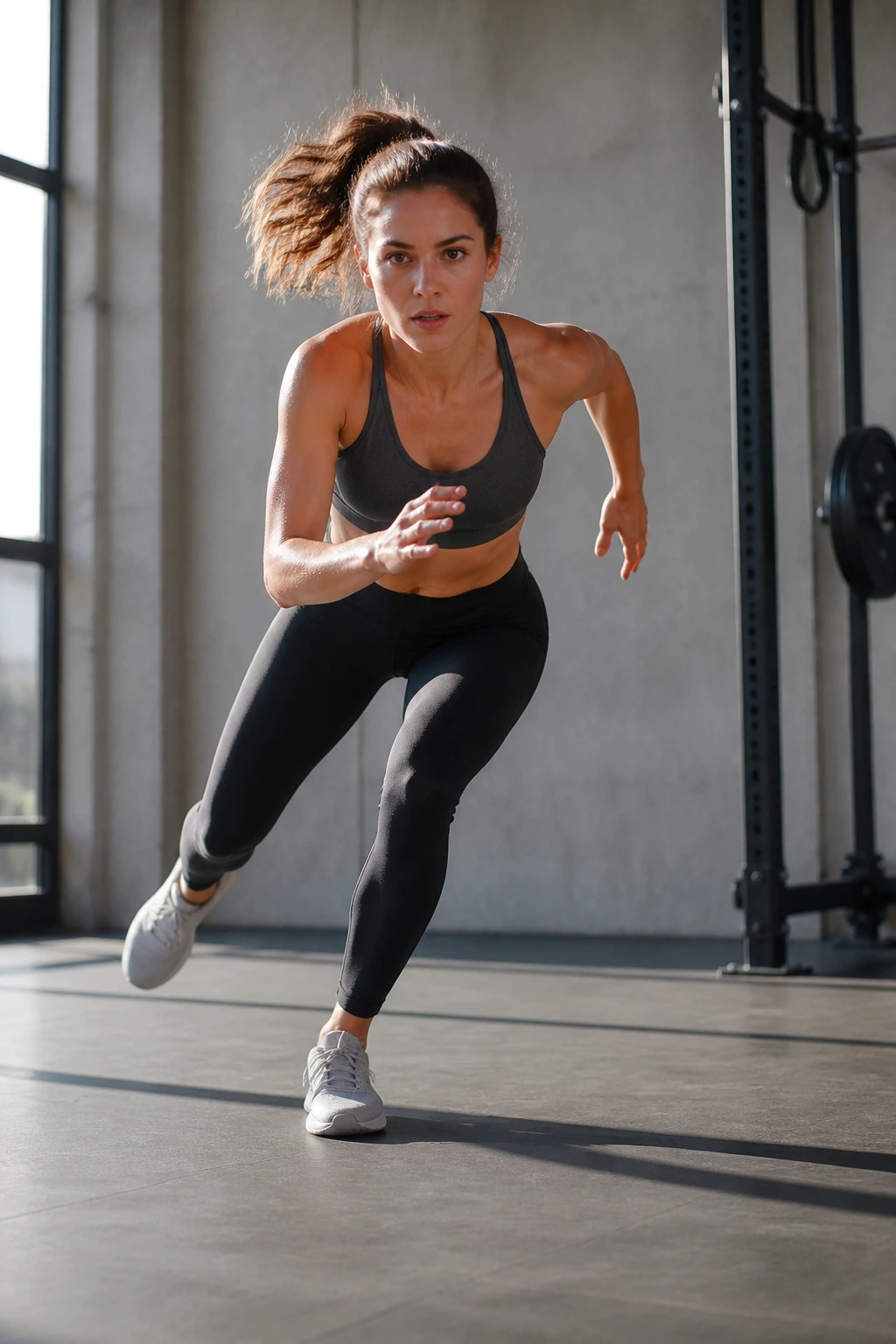 Person performing skater hops for lateral cardio in a gym or outdoor setting