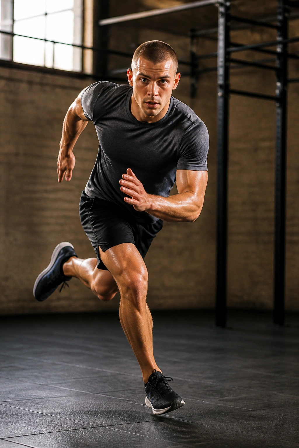 Athlete performing a lateral skater hop on a gym floor