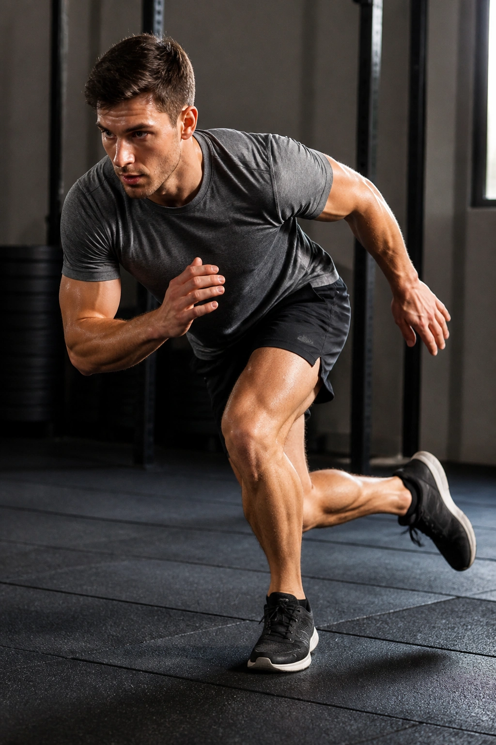 Close-up of a real athlete performing Skater Hops, hips level and knee over foot on gym floor
