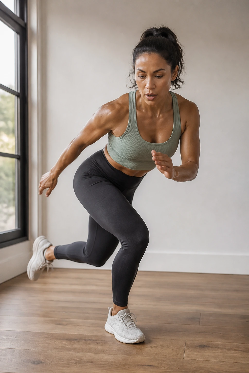 Real person performing skater hops in a home workout space