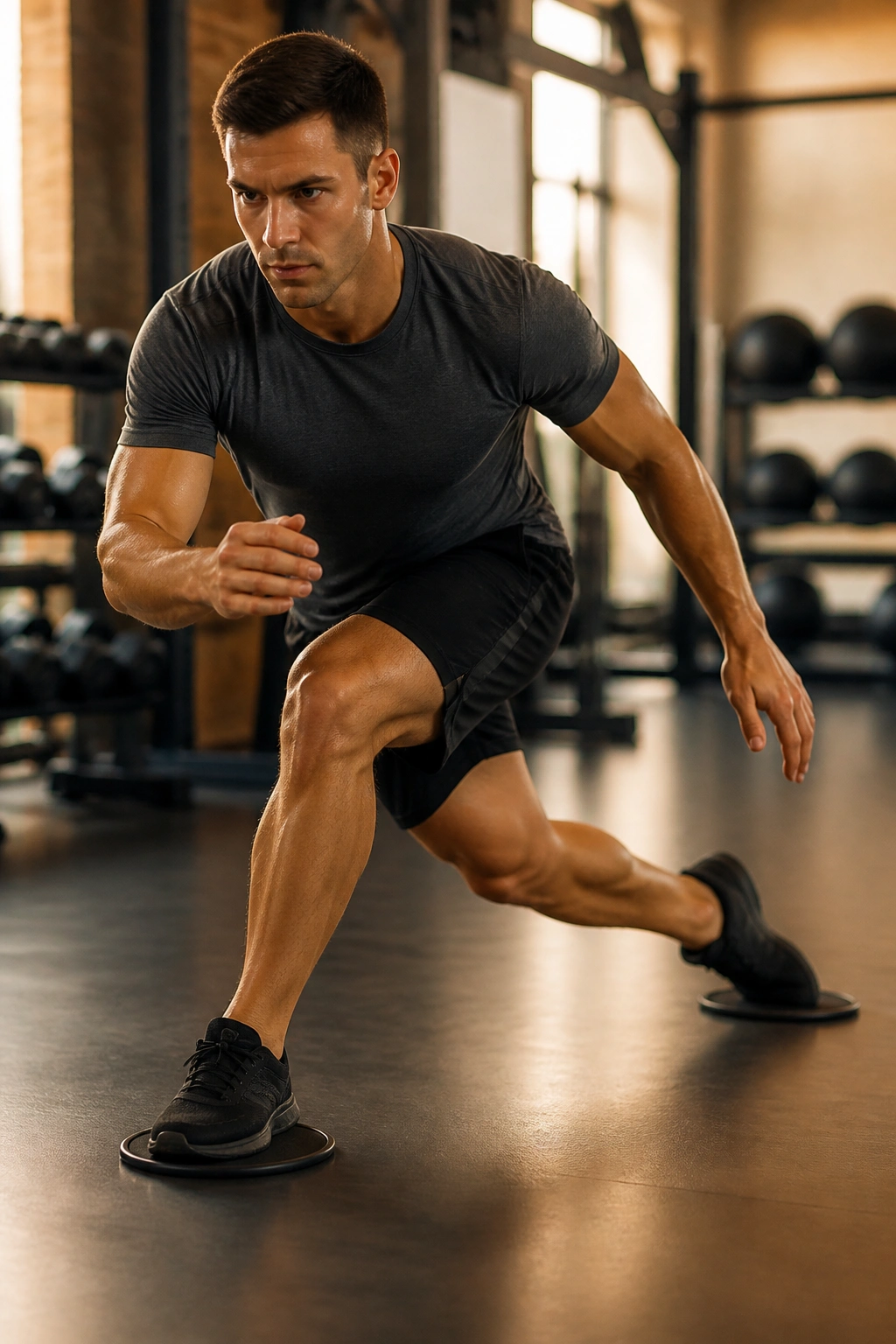 Medium close-up of a person performing skater slides on a slider in a gym.