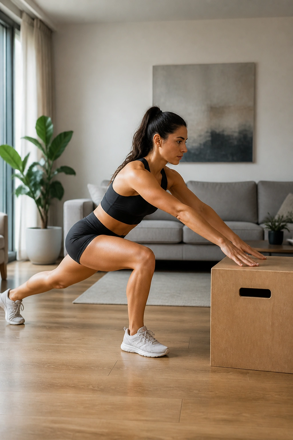 Side-profile of skater squat to box in a home setting