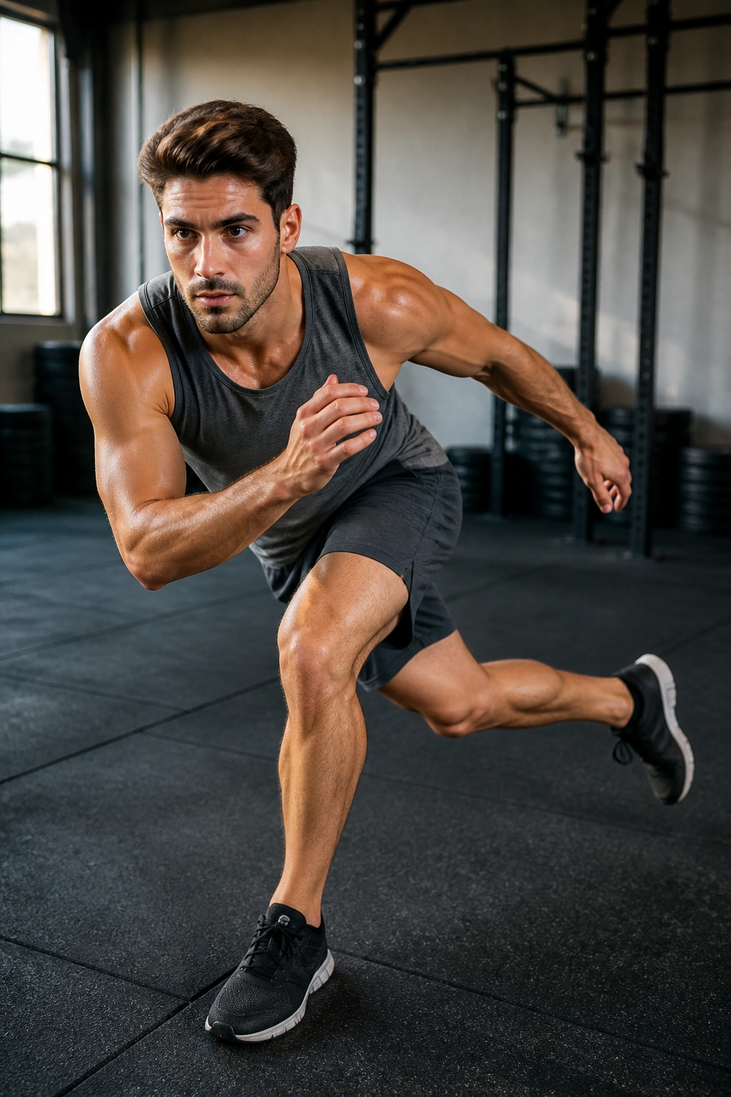 Real person performing unilateral skater squat with back leg extended.