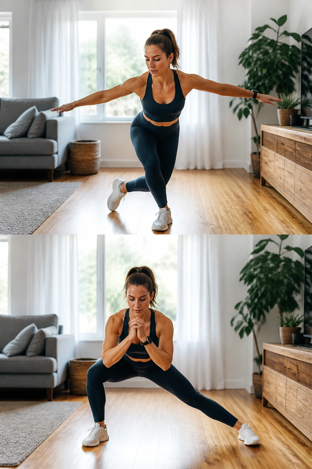 Person performing skater step and side lunge in a home workout space