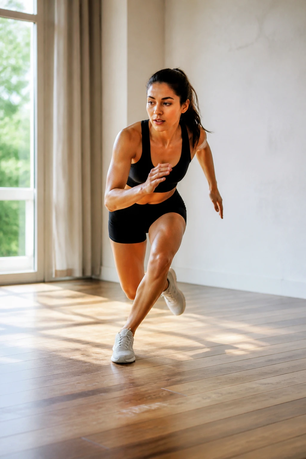 Person performing skater steps indoors with dynamic movement