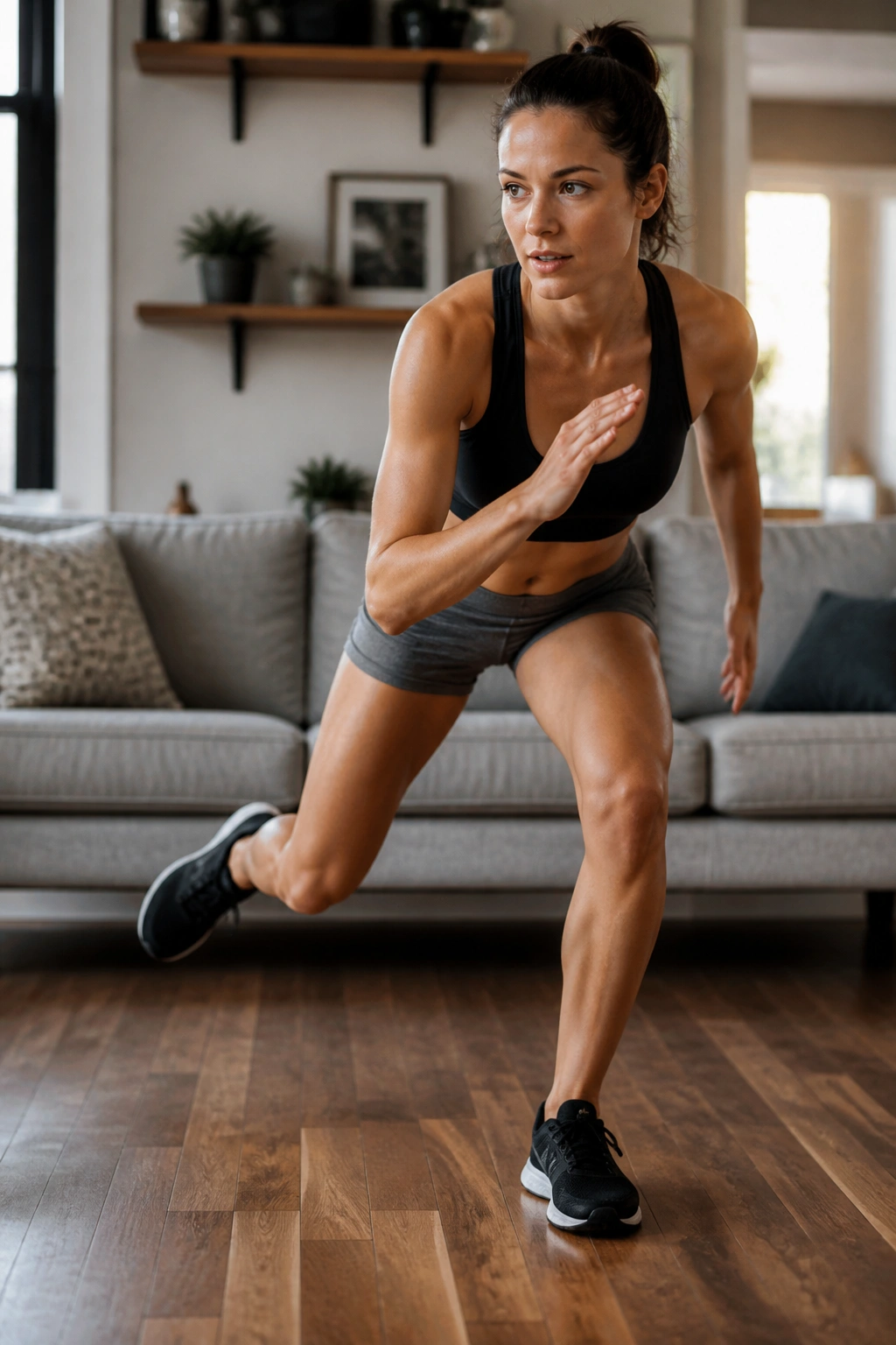 Real person performing lateral skater jump in a living room