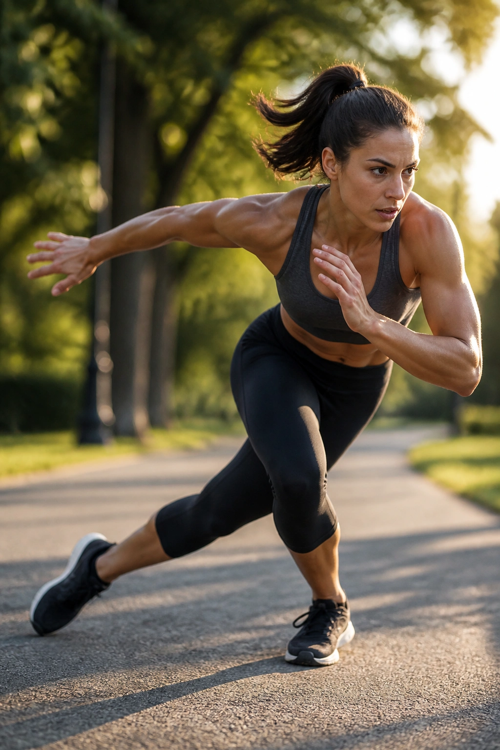 Athlete performing a lateral skater jump in a park