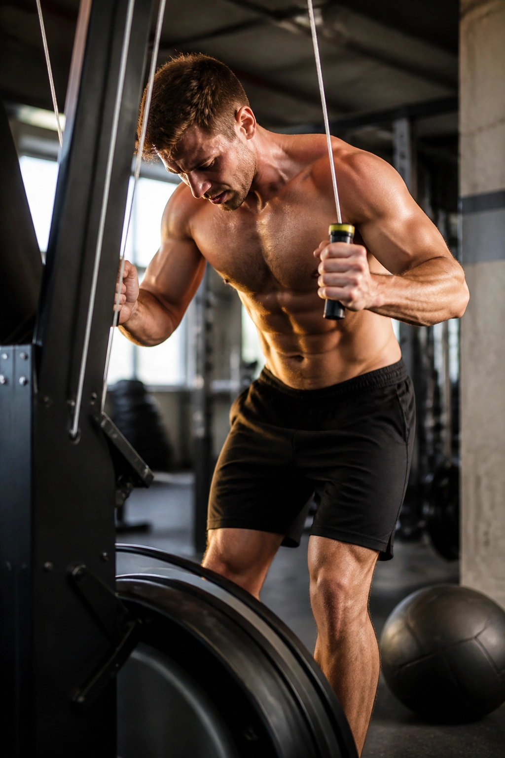 Athlete on Ski-Erg with wall ball in gym during high-intensity transition
