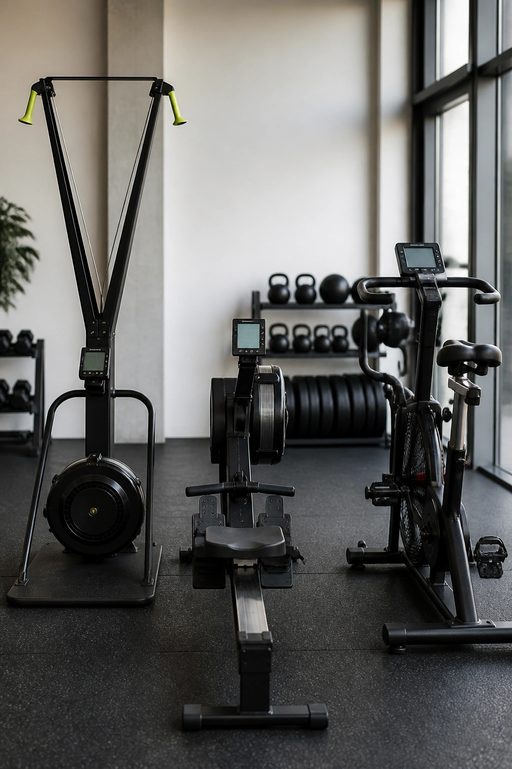 Medium close-up of SkiErg, Rower, and Bike circuit machines in a gym setting