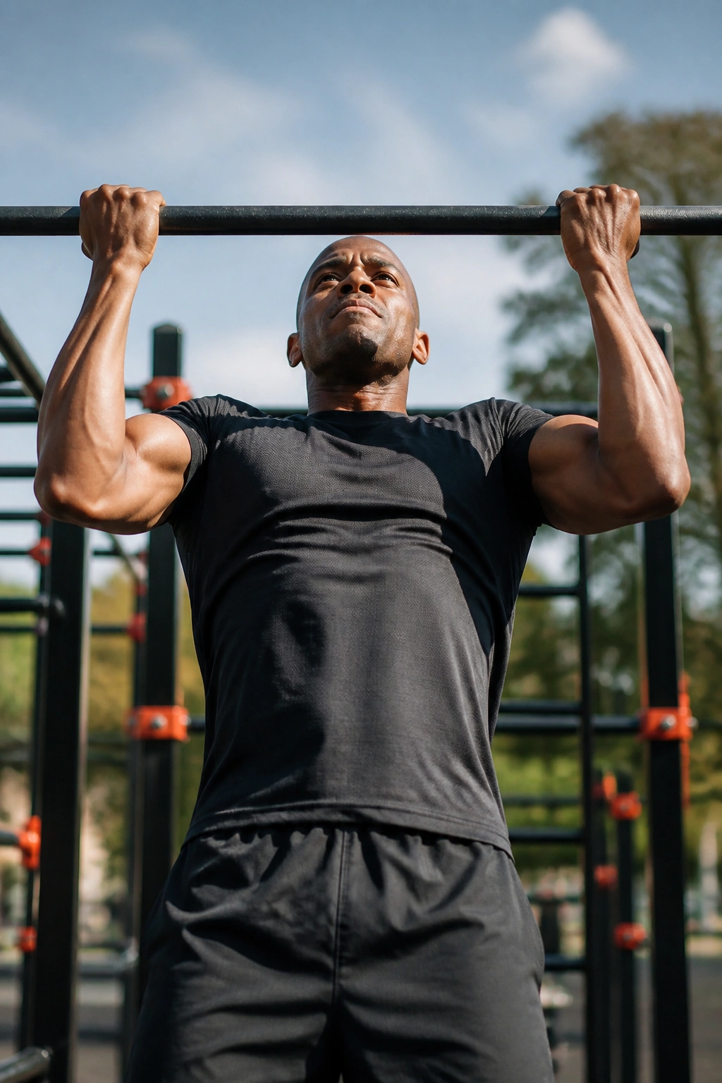 Medium close-up of a real person performing a pull-up on a bar in a gym