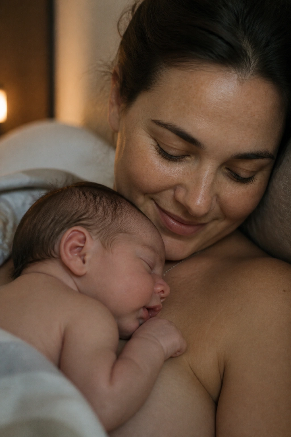 Close-up of a parent skin-to-skin with baby on the chest in a cozy room.