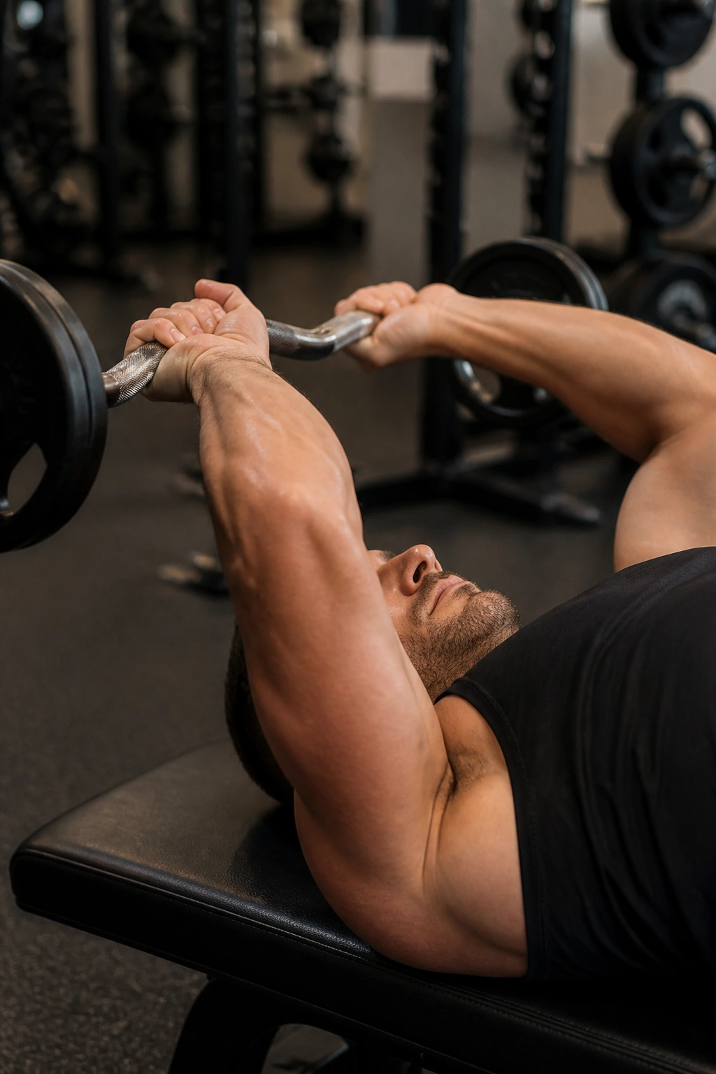Close-up of real person performing skull crusher on a bench with EZ-bar in a gym