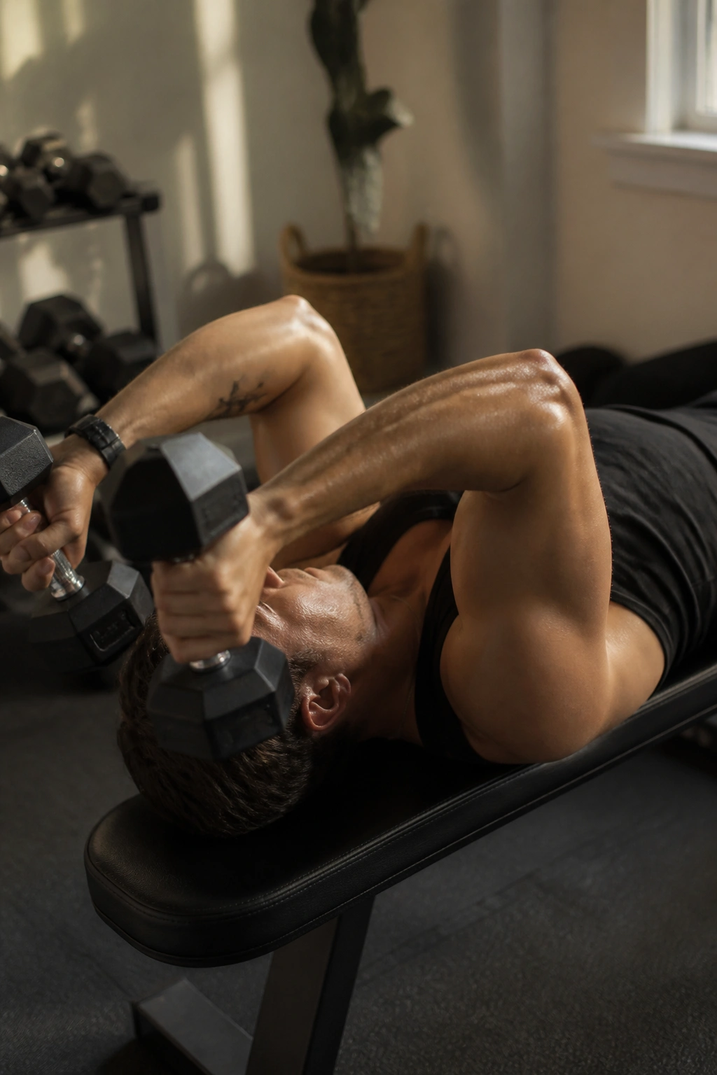 Close-up of arms during a skull crusher with dumbbells over the chest.