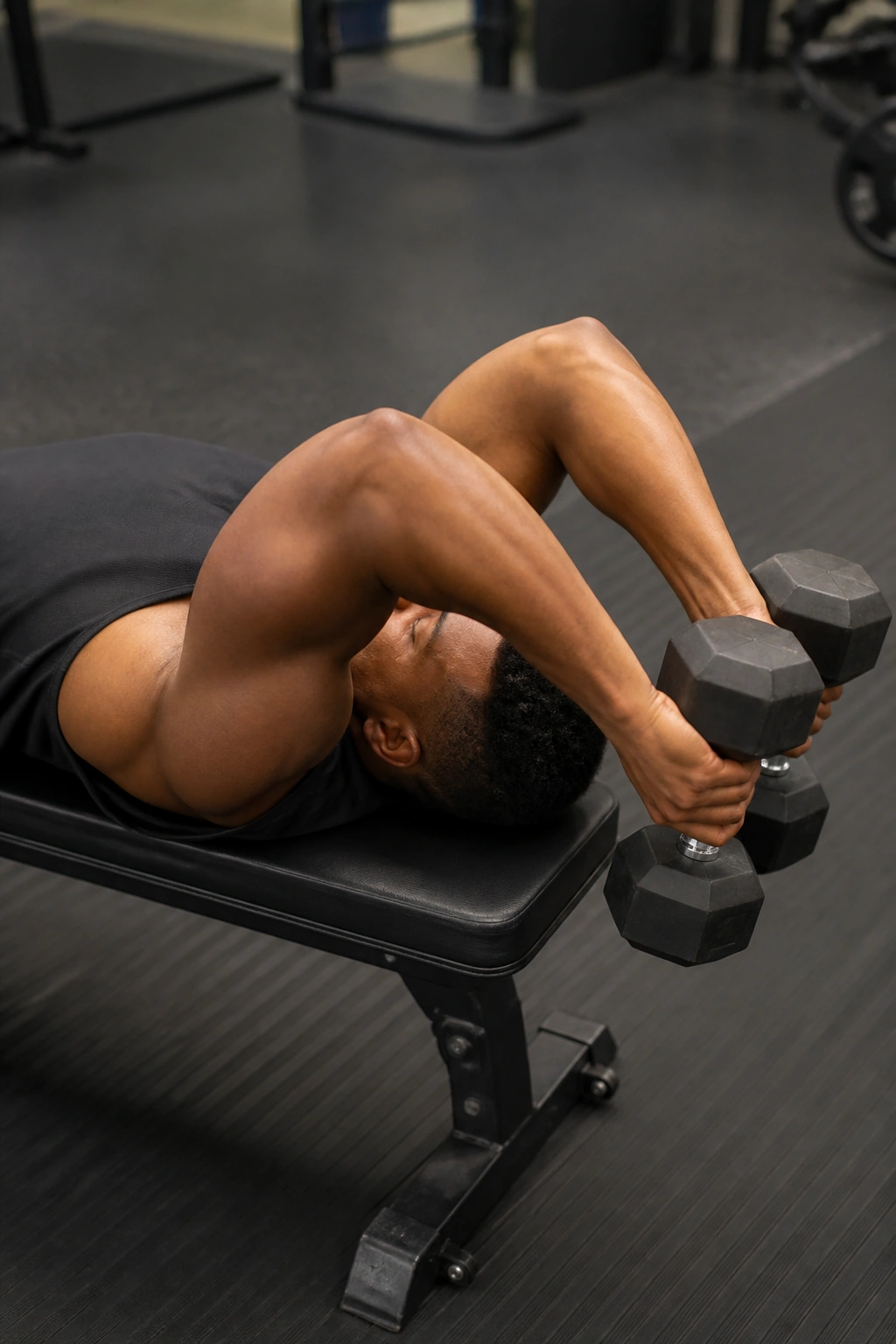 Real person lying on bench doing skull crushers with elbows back and controlled form