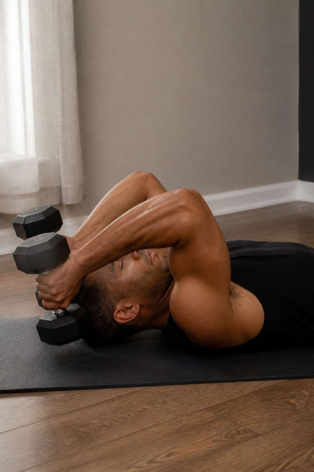 Close-up of a real person performing skull crushers lying flat on a mat