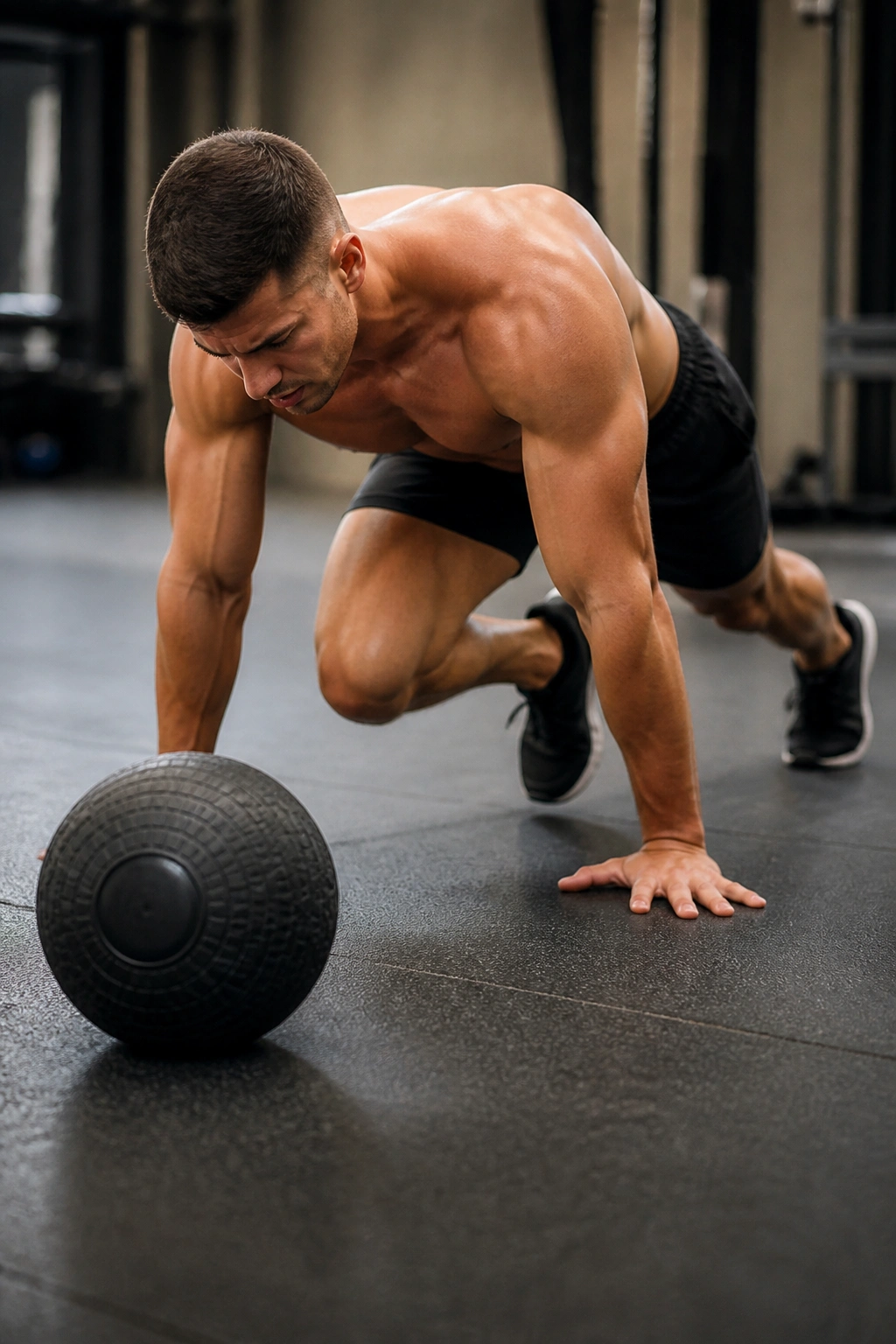 Athlete in mountain climber position with slam ball nearby on gym floor.