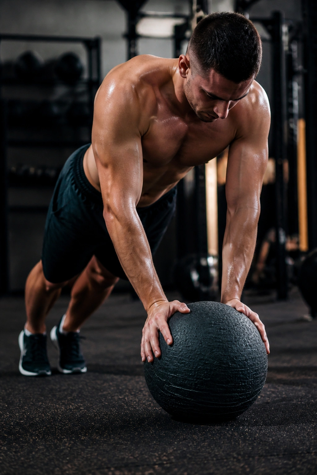 Athlete in high plank with slam ball during The Slam to Pike Jump