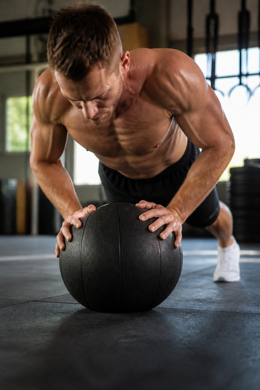 Close-up of a real athlete performing a push-up with a slam ball under the hands in a gym