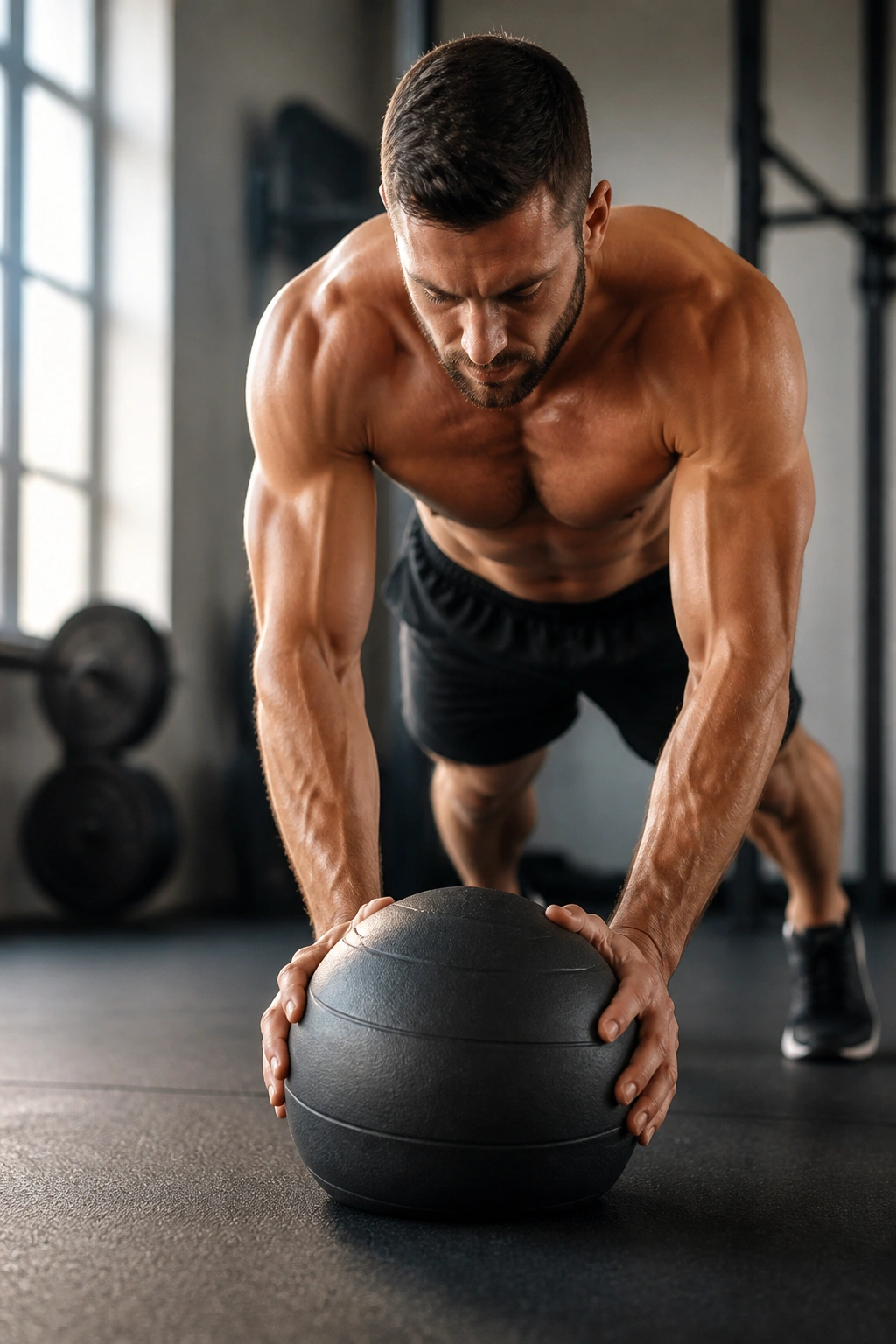 Athlete in push-up position gripping slam ball ready to slam overhead