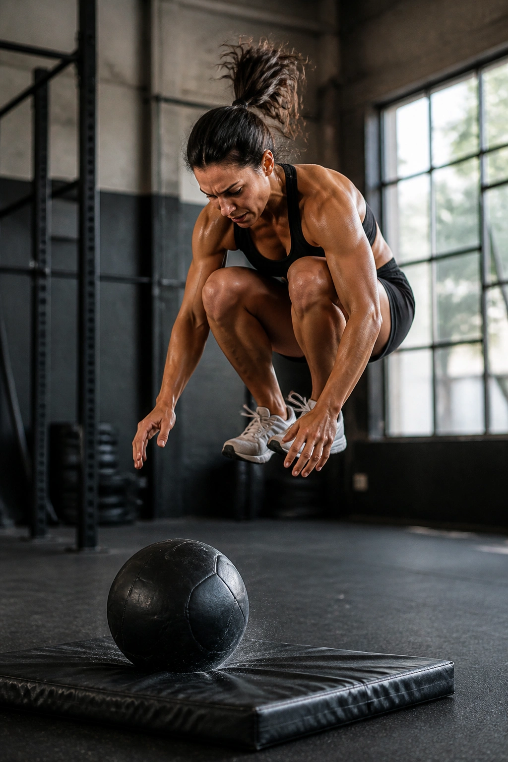 Action shot of an athlete performing the slam-to-tuck jump with a slam ball on a gym mat