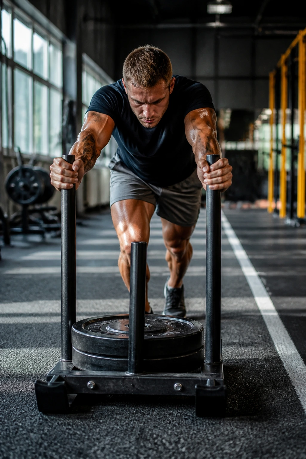 Athlete pushing weighted sled in gym for leg conditioning