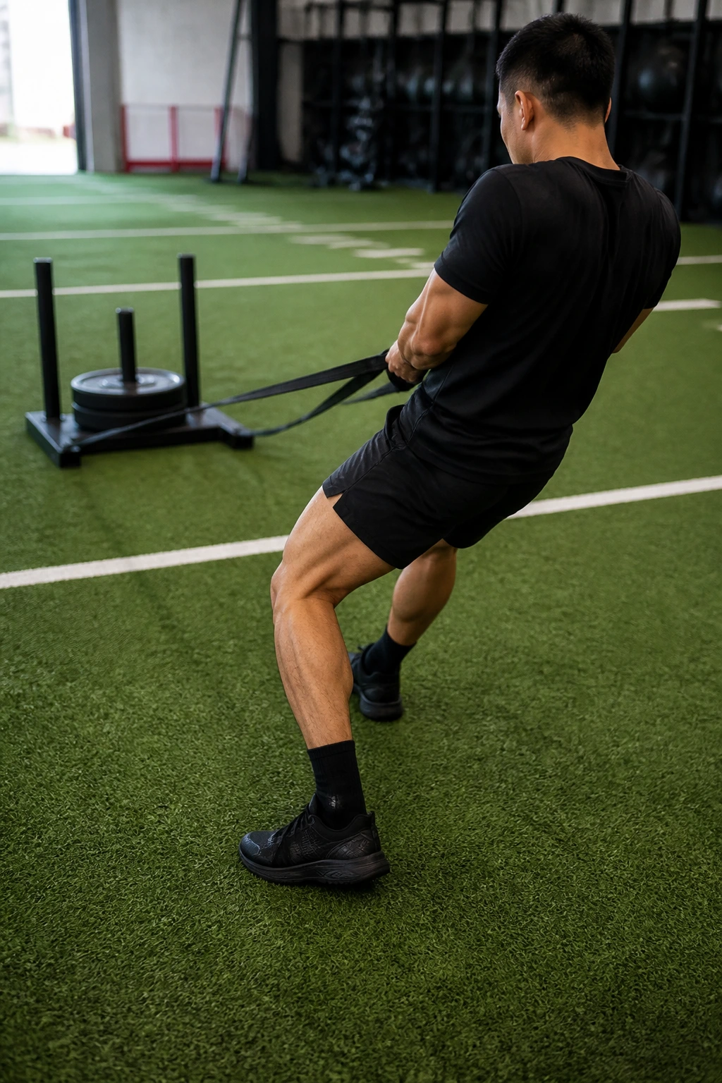 Person pulling a sled backward on turf