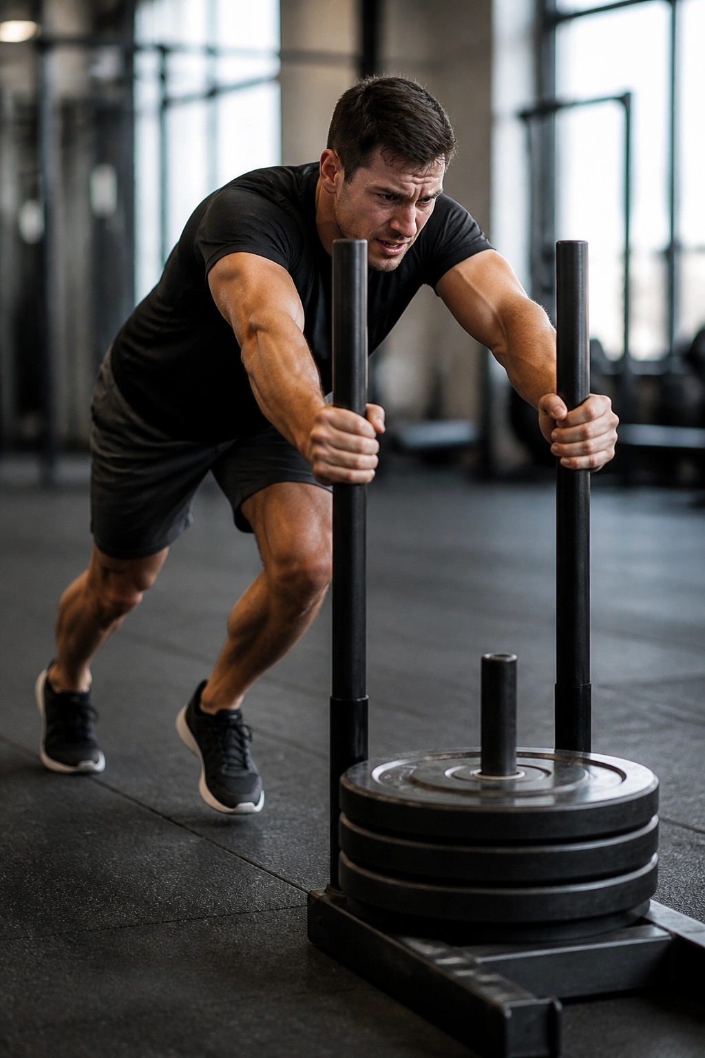 Athlete pushing weighted sled on gym floor