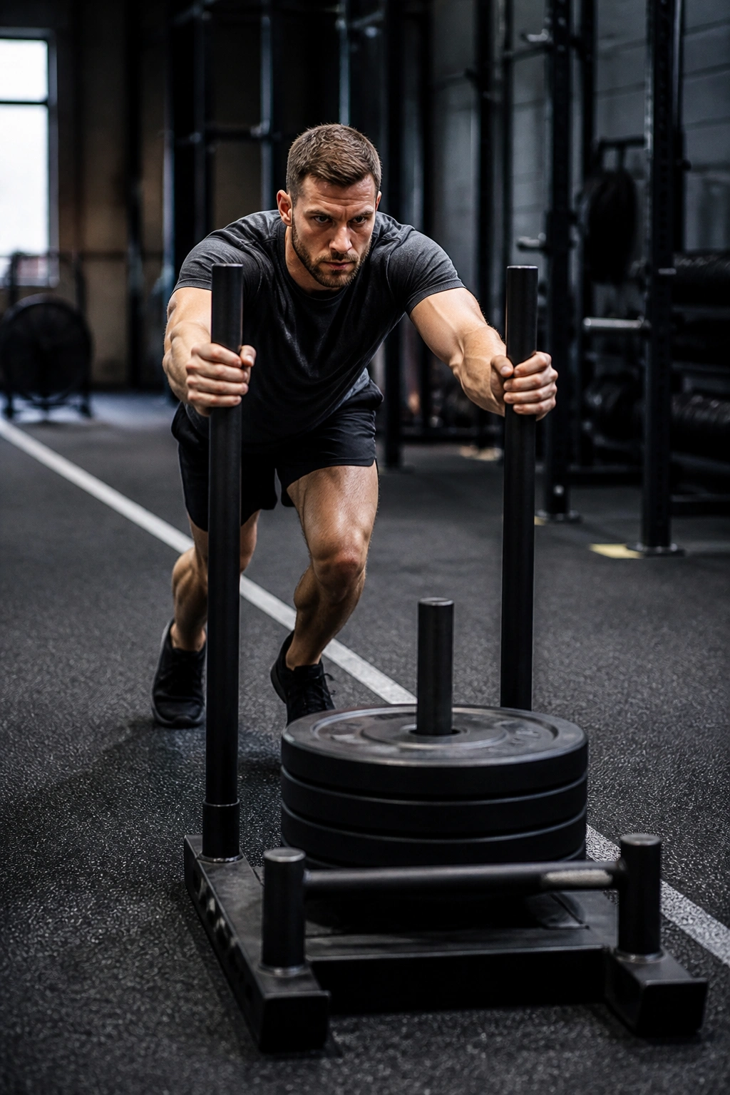 Athlete pushing a weighted sled in a gym during a circuit