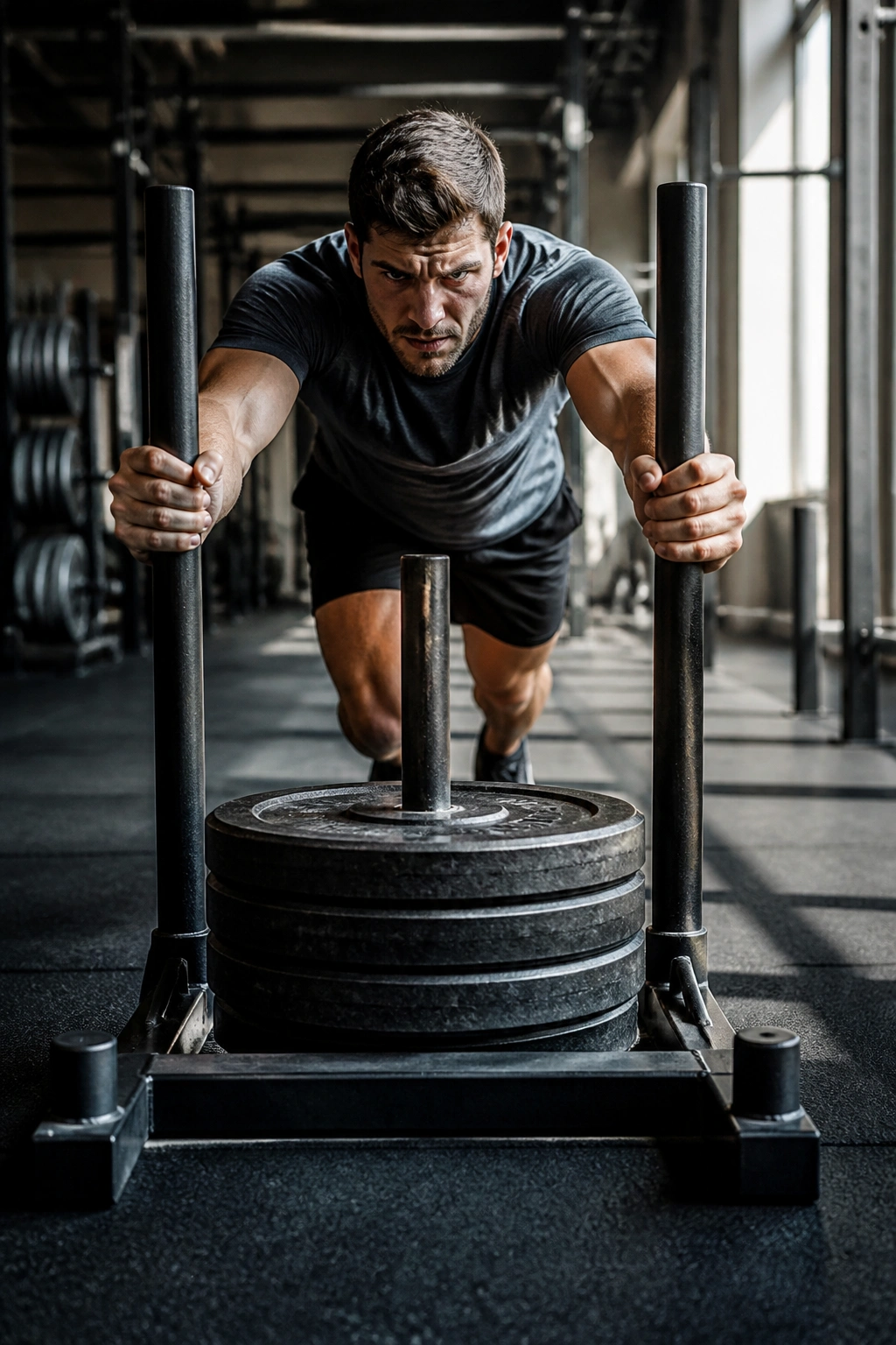 Athlete pushing a heavy sled in a gym for conditioning
