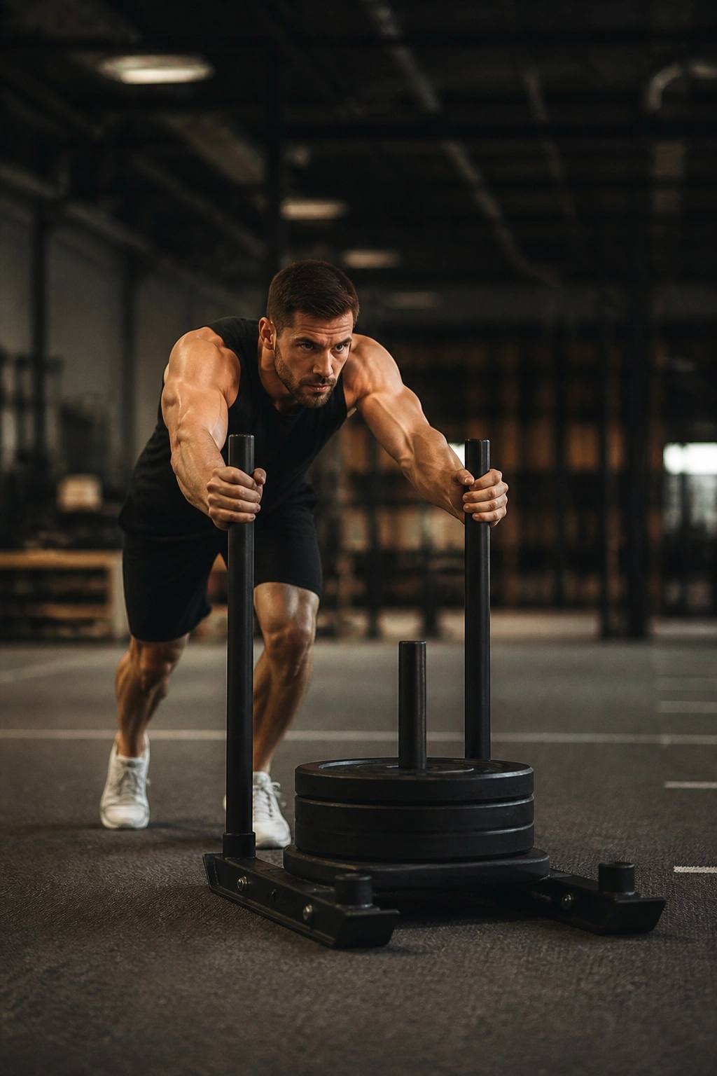 Athlete pushing and dragging a weighted sled in gym