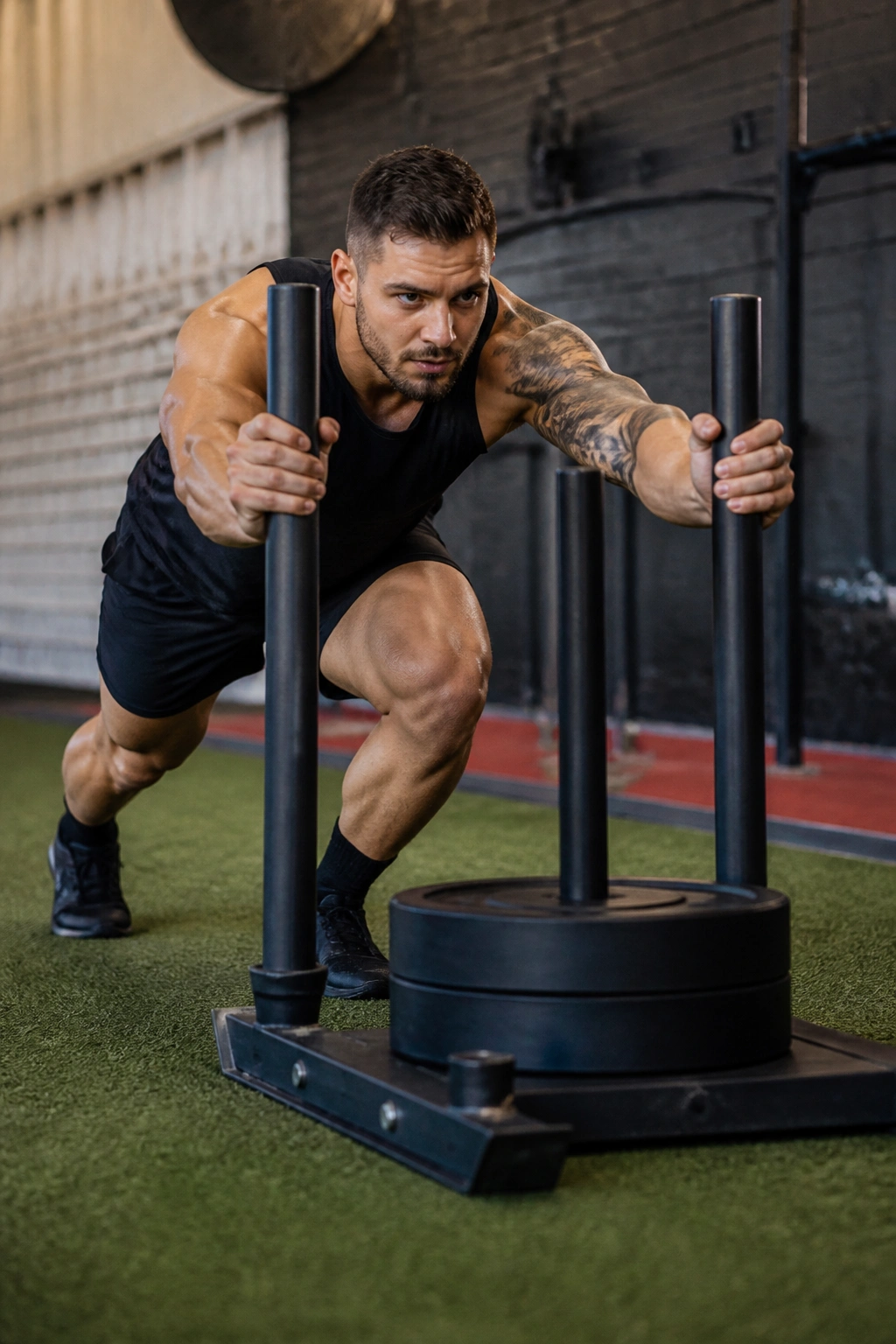 Person pushing weighted sled in a gym
