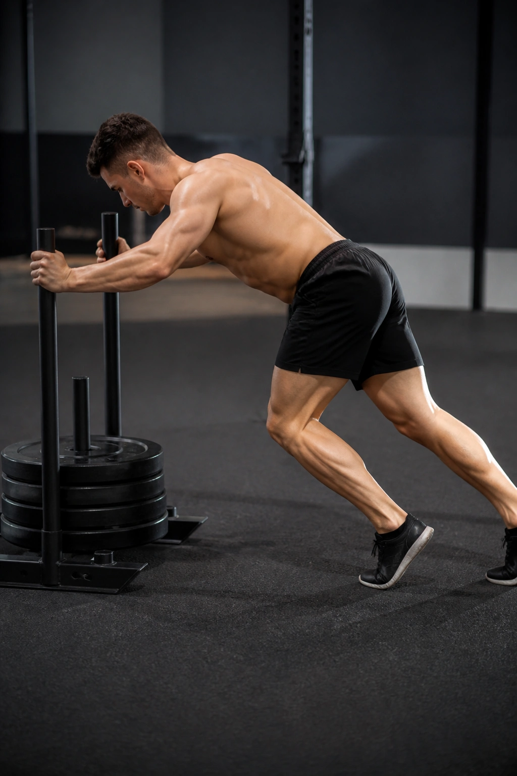 Person pushing a sled on the forefoot in a gym