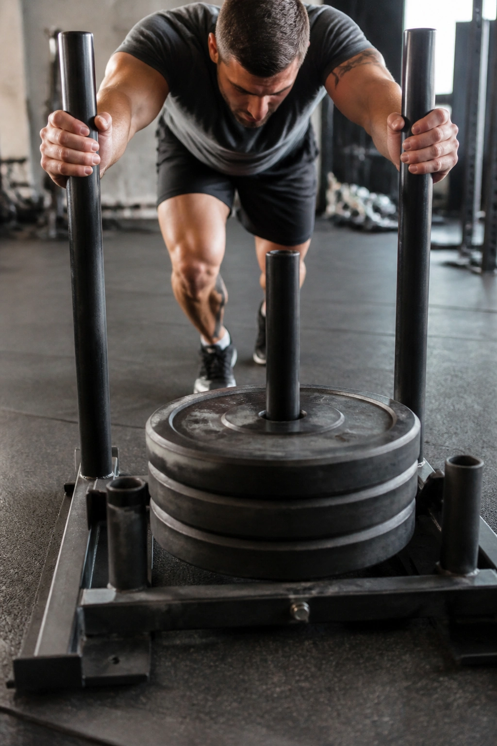 Close-up of a sled being pushed on a gym floor