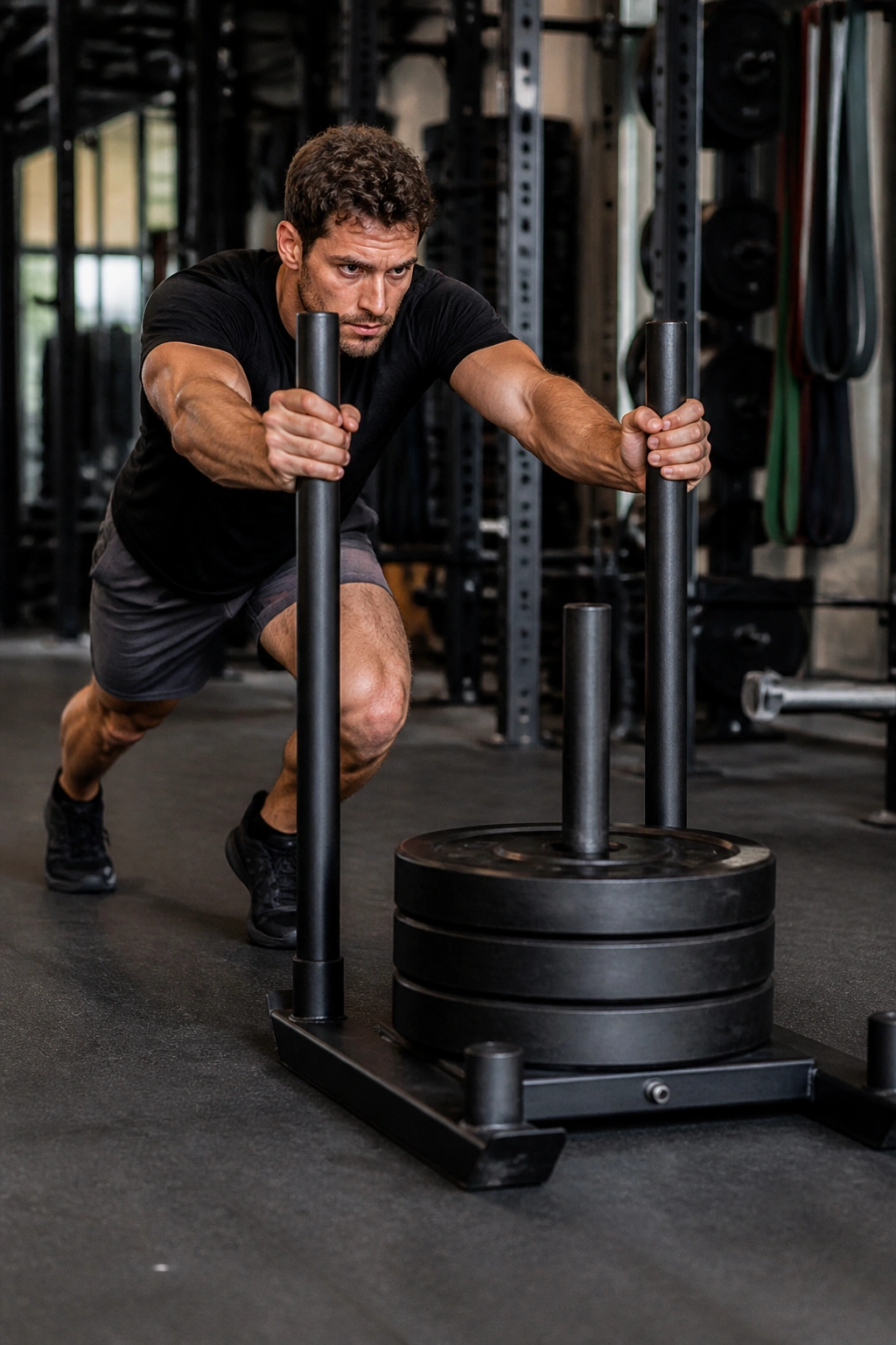 Athlete pushing a weighted sled in a gym