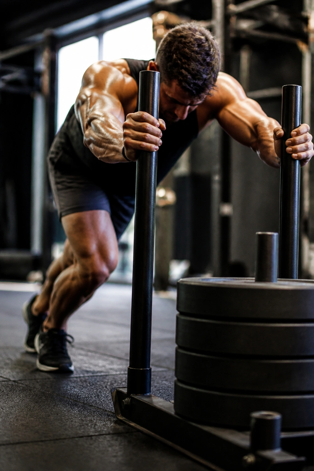 Athlete pushing a weighted sled in a gym, torso and arms in focus