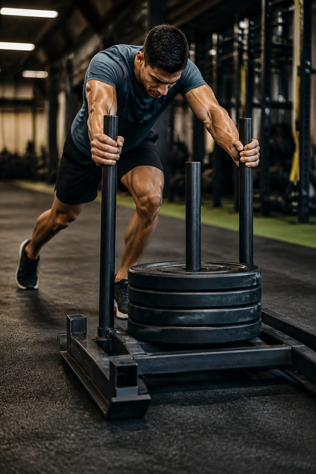 Medium-close shot of athlete pushing a heavy sled in a gym