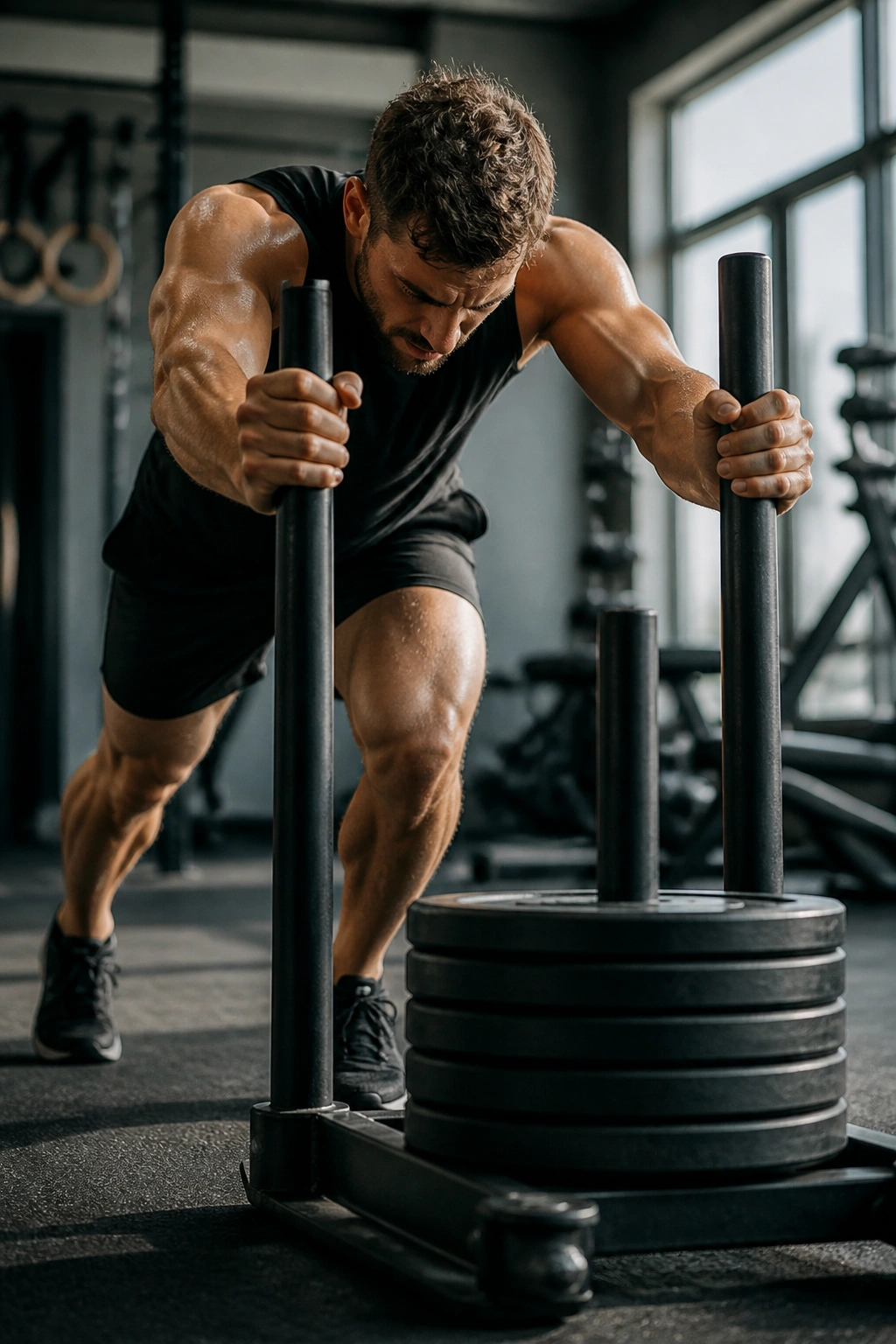 Athlete pushing a heavy sled in a gym with focused leg drive