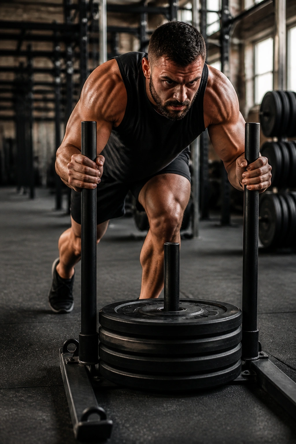 Athlete pushing a weighted sled in a gym during a sled push