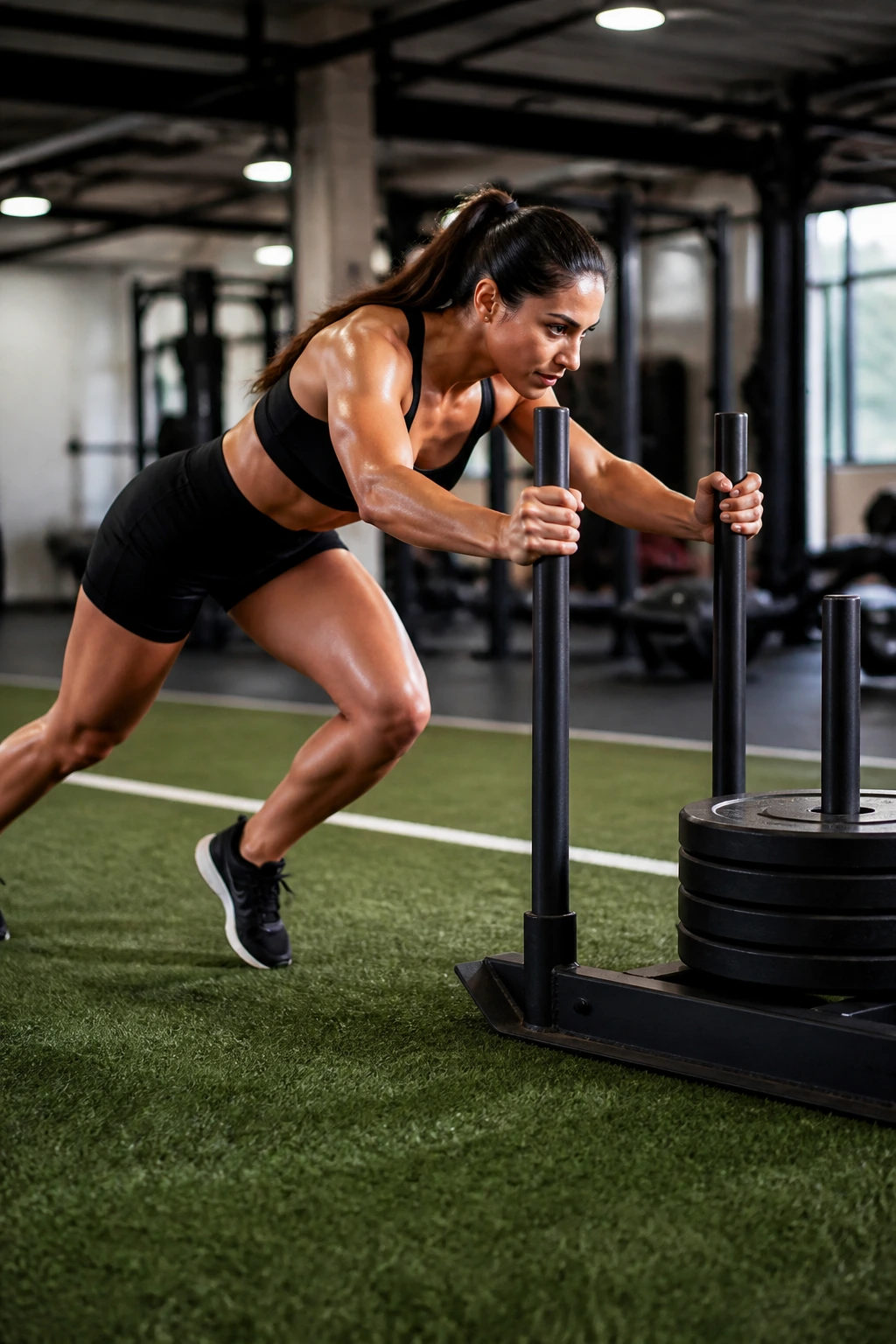 Athlete pushing sled on gym turf in training session