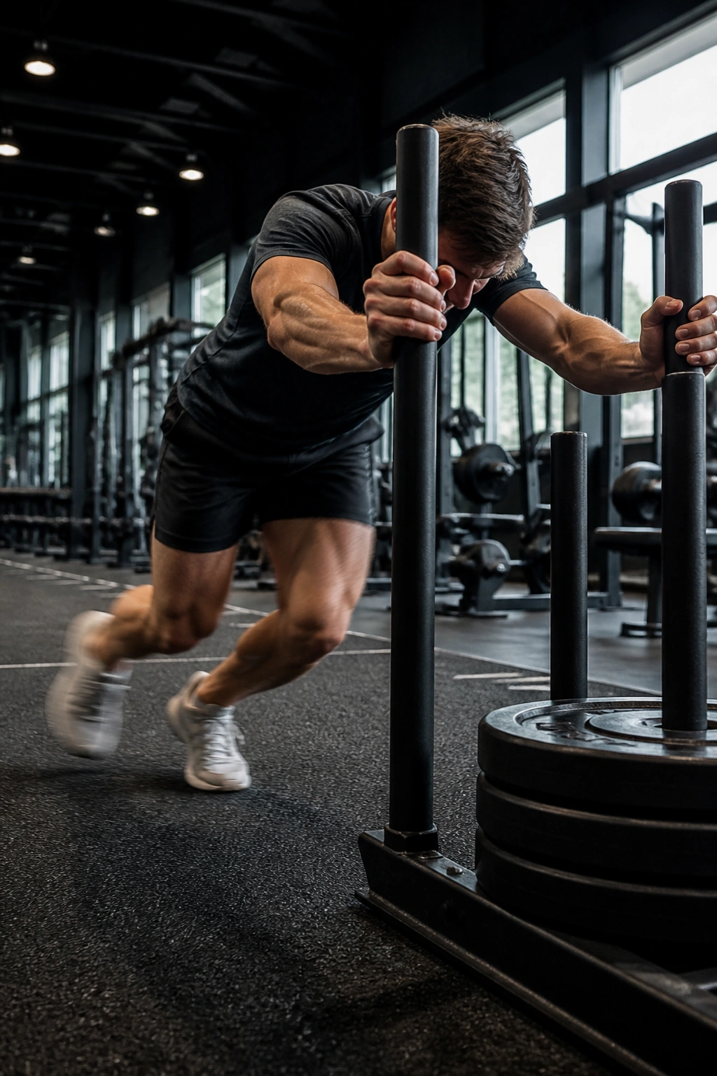Lifter pushing a weighted sled in a gym