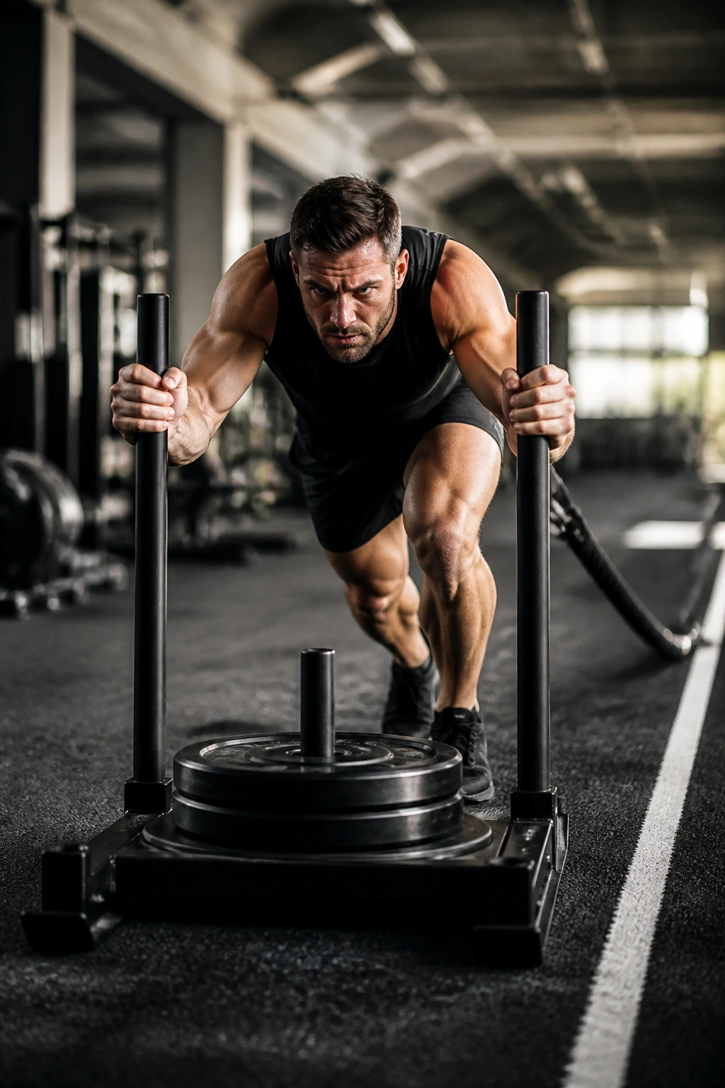 Athlete pushing sled in gym for sprint workout