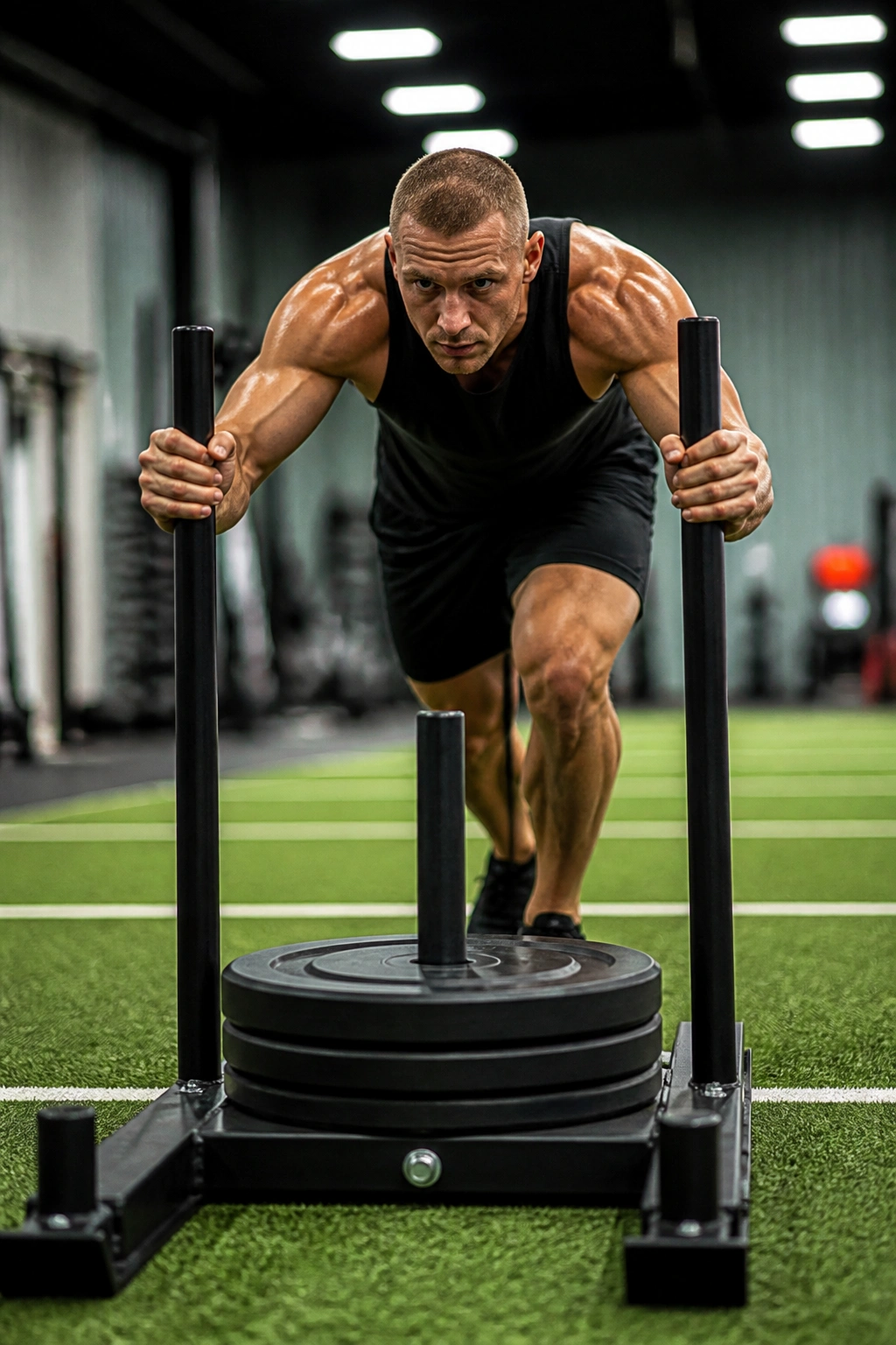 Athlete pushing a heavy sled across turf in gym setting