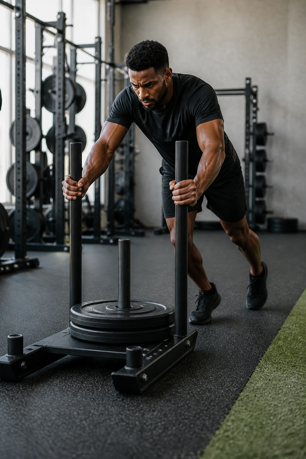 Athlete pushing a weighted sled in a gym