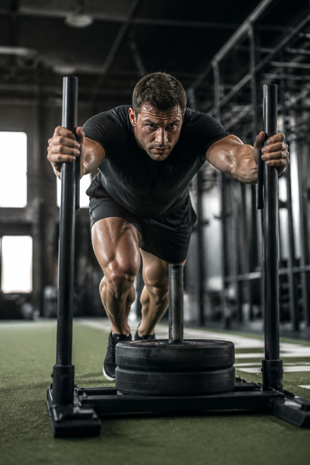 Athlete pushing a heavy sled in a gym with powerful leg drive