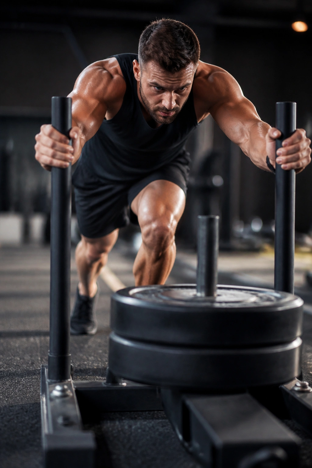 Close-up of athlete pushing a weighted sled in a gym during interval-style training