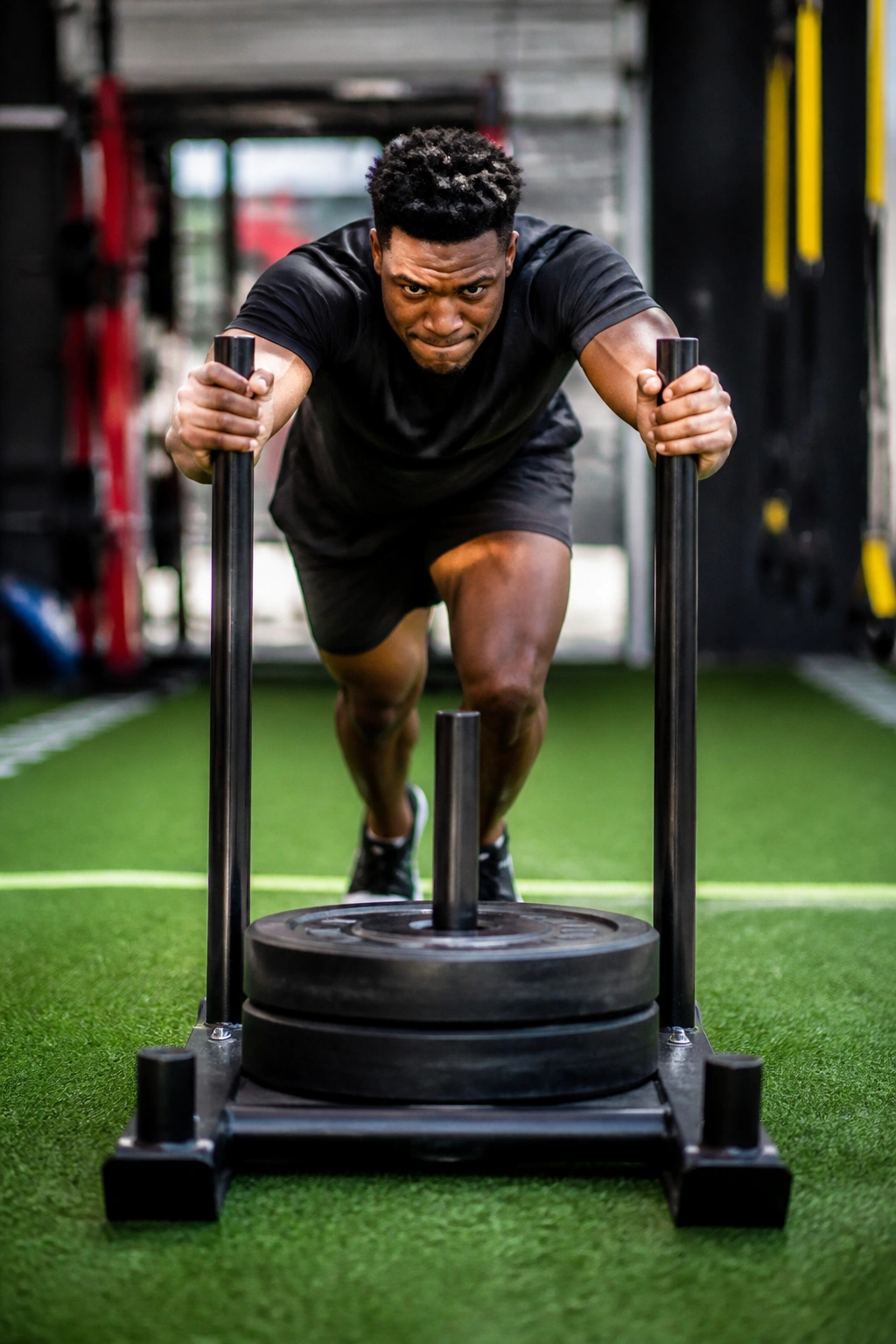 Athlete pushing a weighted sled in training field