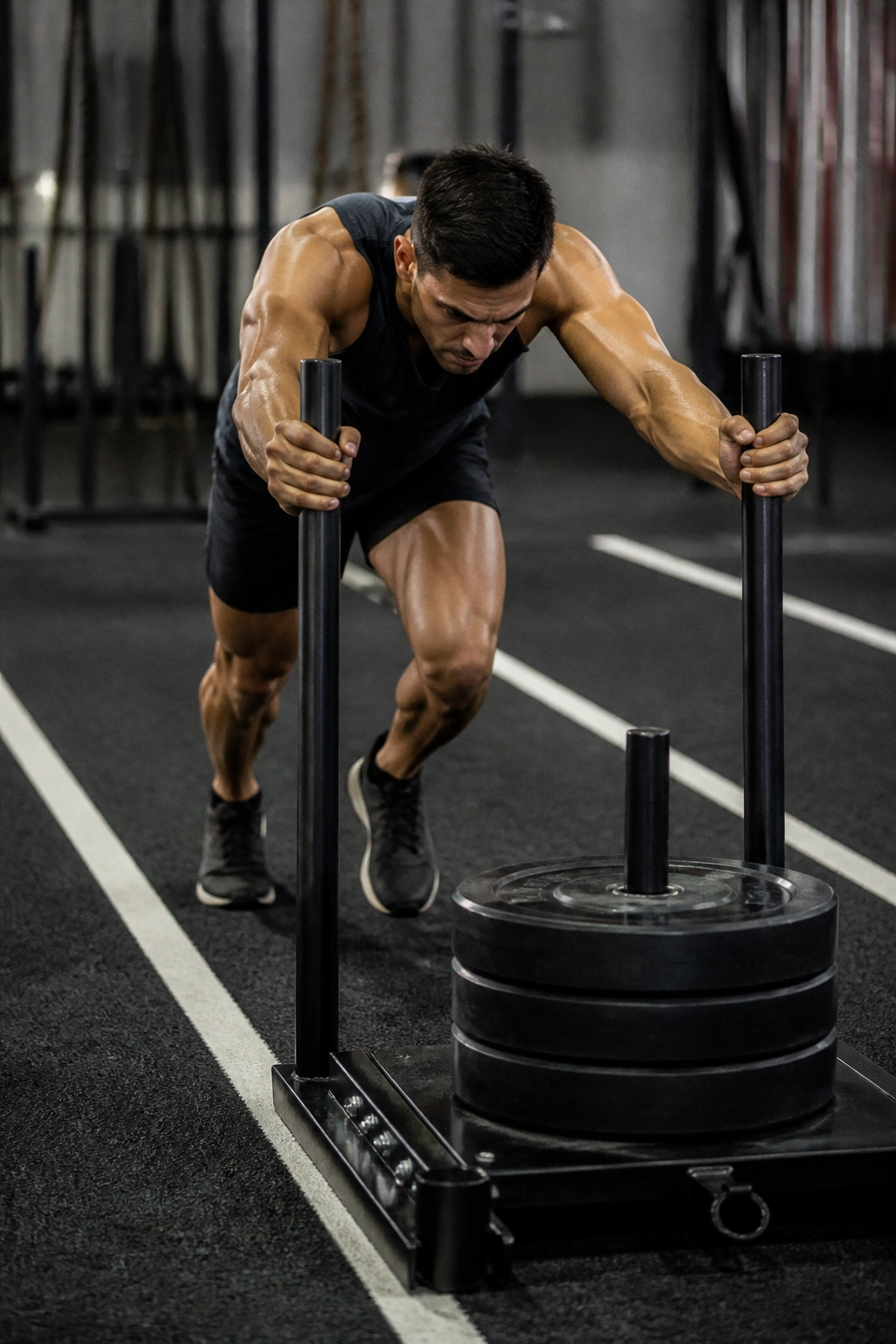 Athlete pushing weighted sled in a gym